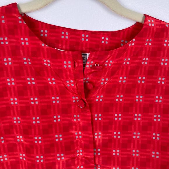 Vintage Womens L Red Geo Check Print Button Up Blouse Twee Office Retro Mod - Picture 4 of 9